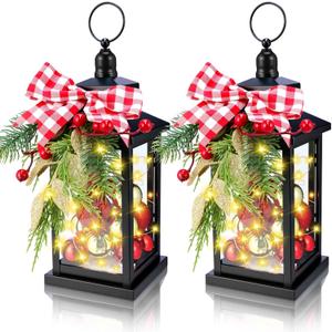 Honoson 2 Pcs Christmas Lanterns Decorative with LED String Lights Metal Hanging Xmas Vintage Lantern with Red Ribbon Berry for Indoor Outdoor Xmas Home Porch Party Decor(Bow)