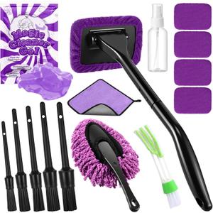 16 Pcs Windshield Cleaner Tool, Car Cleaning Kit with Various Detailing Brushes Set Spray Bottle Cleaner Towel Cleaning Gel Accessories Car Interior Detailing Kit for Windows Vents(Purple)