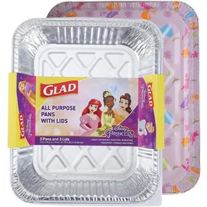 Glad Disposable Aluminum All Purpose Pans in Disney Princess Pattern, 3ct with Lids | Disney Party Platter Foil Steam Pans | 12.5 x 10.2 x 2.16 Aluminum Pan | Disposable Steamware