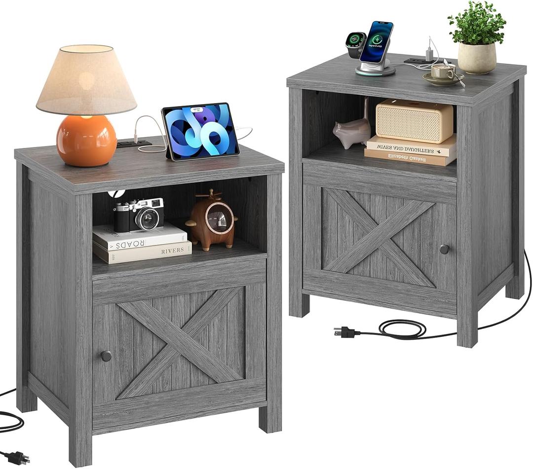 Marsail Farmhouse Nightstand Set of 2 with Charging Station, Wood Bedside Table with USB Port & AC Outlet, Open Shelf and Enclosed Cabinet, Side Table with Storage for Bedroom, Grey