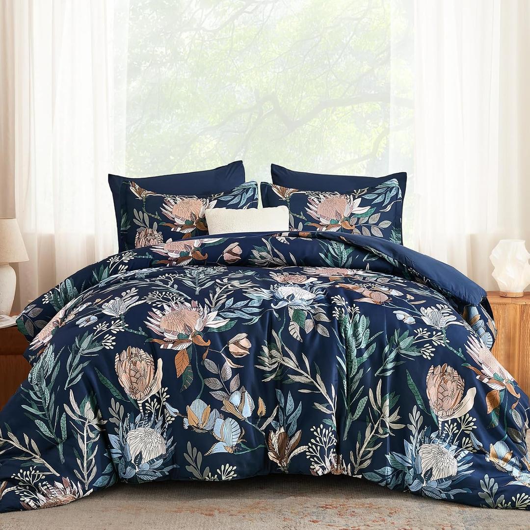 Luxudecor King Comforter Set 7 Pieces Bedding Sets, Navy Blue Floral Comforter and Sheet Set, Soft Microfiber Bed in a Bag for All Seasons (Navy Blue,104"x90")