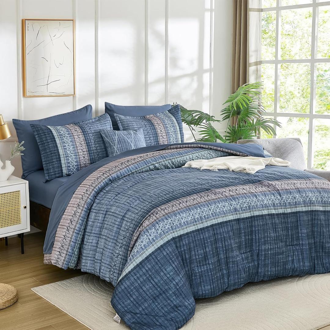 Dintszyayue Blue Comforter Set King Size, 8 Pieces Boho Striped Bed in a Bag Soft Microfiber Bedding Set for All Season