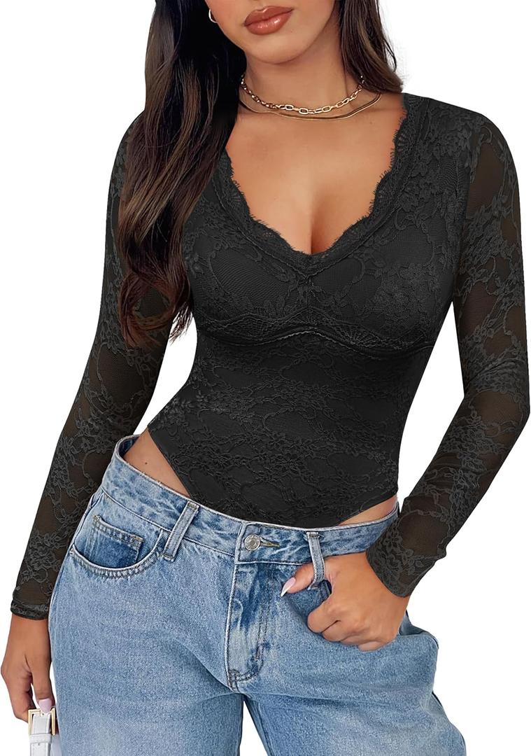 SAUNGKUAI Women's Lace Bodysuit Plunge Deep V-Neck Long Sleeve Thong Body Suits Tops Double Lined Y2K Outfits for Going Out (Small, Black)
