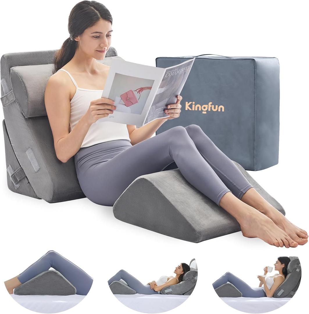 Kingfun 4pcs Orthopedic Bed Wedge Pillow Set for Sleeping, Memory Foam for Sleeping,Breathable Triangle Pillow Wedge, Post Surgery Memory Foam for Back, Leg Pain Relief, Sitting (Grey)
