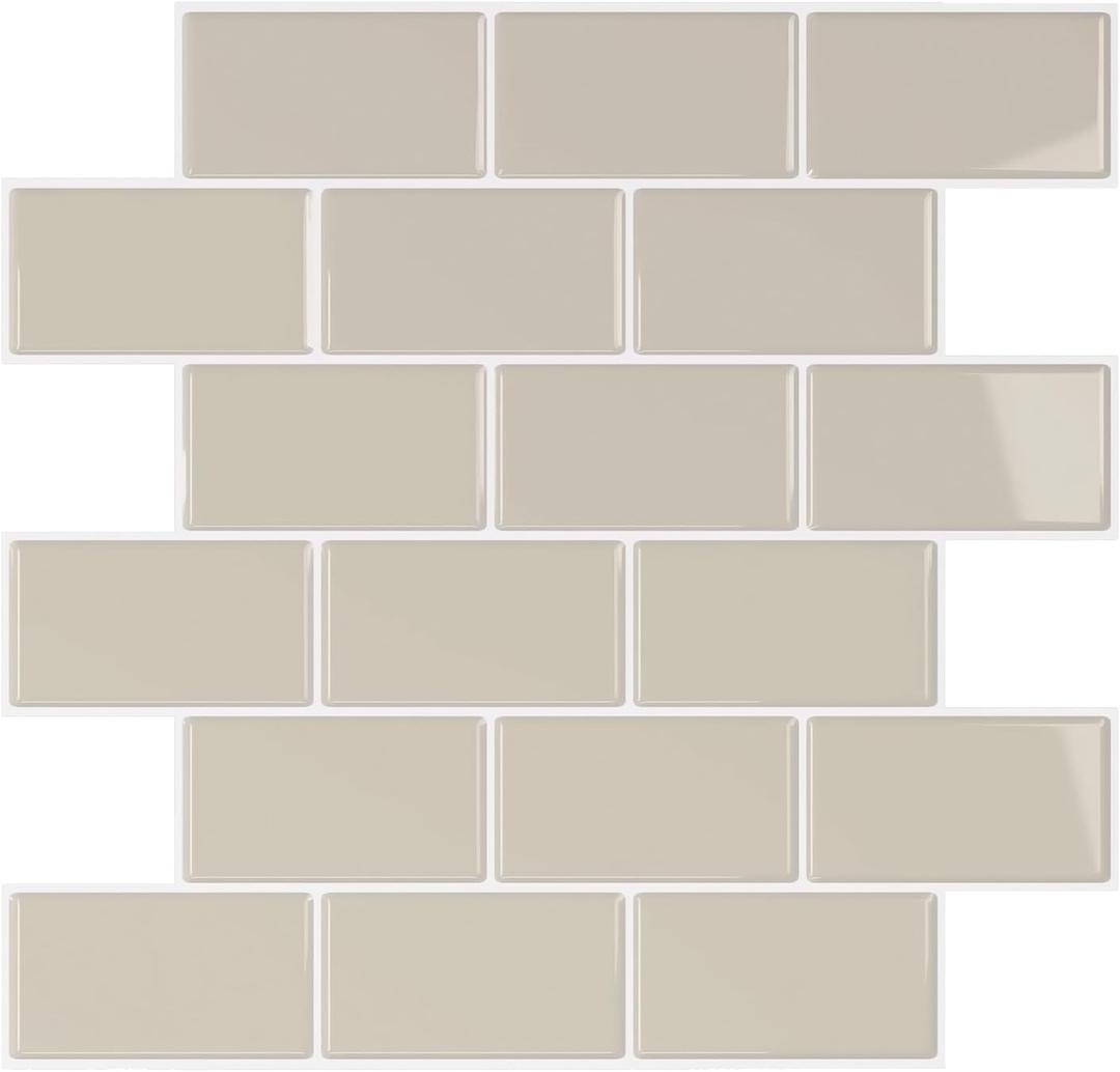 VEELIKE Pastel Beige Peel and Stick Backsplash Subway Stick on Back Splash Tiles for Kitchen Bathroom 6 Sheets Self Adhesive Waterproof Ceramic Wall Tile Stickers for Kitchen Laundry Room 12''x12''