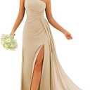 YMSHA One Shoulder Bridesmaid Dresses with Slit Pleated Formal Dress for Women YMS336 Size 4, Champagne
