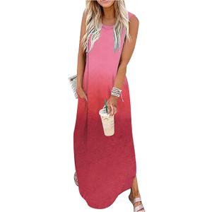 CHUNTIANRAN Women's Maxi Dress Summer Casual Sundress Sleeveless Long Dresses Hawaiian Beach Maxi Dress with Pockets(Pink Gradient, X-Large)