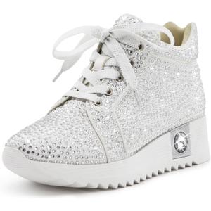 Women's Fashion Glitter Sneakers Platform Wedge Shoes Sparkly Rhinestone High Top Sneakers Trendy Sequin Shoes Wedding Bride Dress (9.5, White)