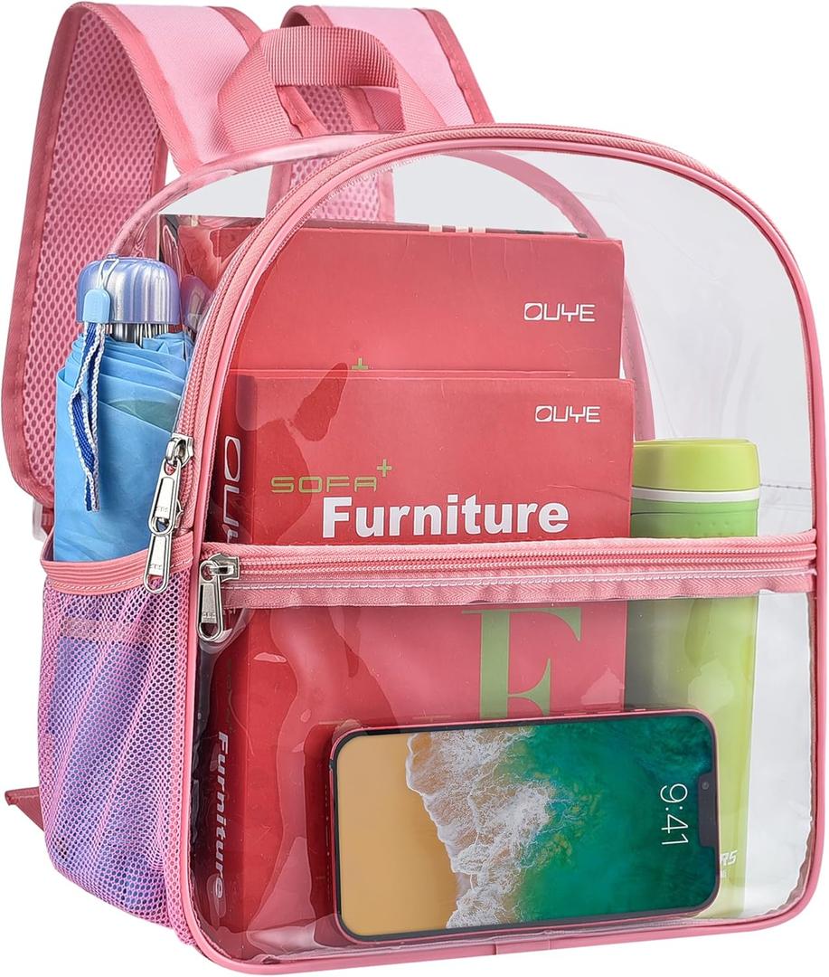 Paxiland Clear Backpack Stadium Approved 12126 with Reinforced and Wider Shoulder Straps, Small Clear Bag for Schools, Concerts, Work, Festivals and Sporting Events - Pink