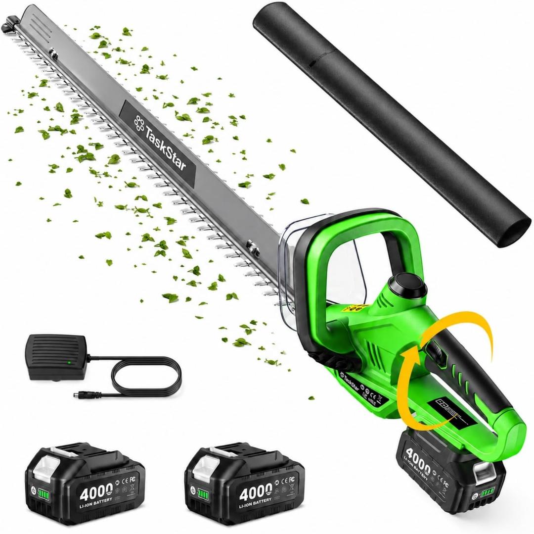 TaskStar 22" Hedge Trimmer Cordless: 20V Rotatable Handle Electric Bush Trimmer with Debris Remover, 2x4.0Ah Rechargeable Battery, Dual-Action SK5 Blade, All-Around Trimming Shrub Hedge Clippers