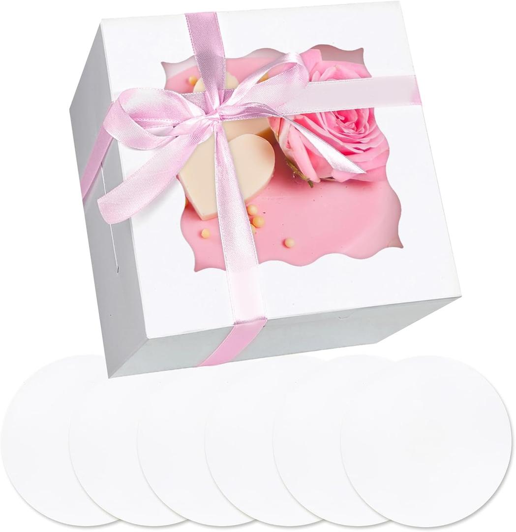 Bakepacker 36pcs 6x6x5 Inches with Window 18-Packs White 6 Inch Bakery Boxes (18 Cake Boxes +18 Cake Boards + 10 Meters Silk Ribbon Includes Included)