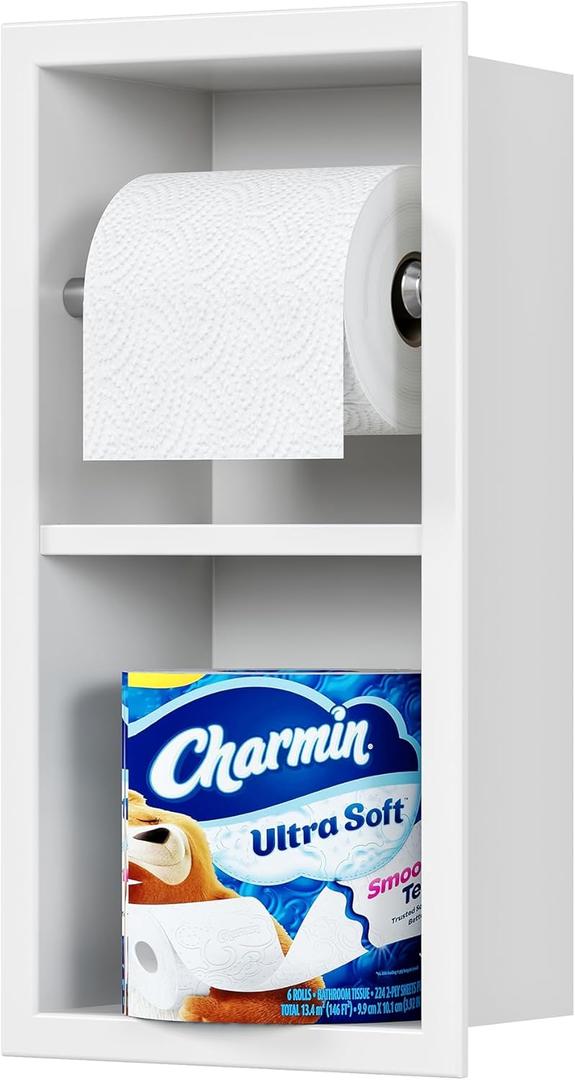 Recessed Toilet Paper Holder, 304 Stainless Steel Bathroom Toilet Paper Holder with Storage, in Wall Tissue Toilet Roll Holder, Matte White
