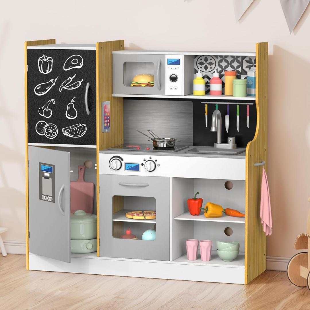 Wooden Play Kitchen, Large Size Kids Kitchen Play Set, Pretend Toy Kitchen for Toddler with Lights & Sounds, Kids Kitchen with Blackboard, Phone, Oven, Microwave, Stoves, Gift for Ages 3+
