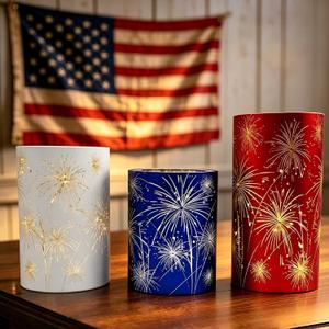 Set of 3 Celebration Hurricanes Lantern Firework Lights with Timer - Etched Starburst Warm White LED Lights,Patriotic Twinkling Decorative Centerpiece Memorial Day Decor for Mantel, Wedding Holiday