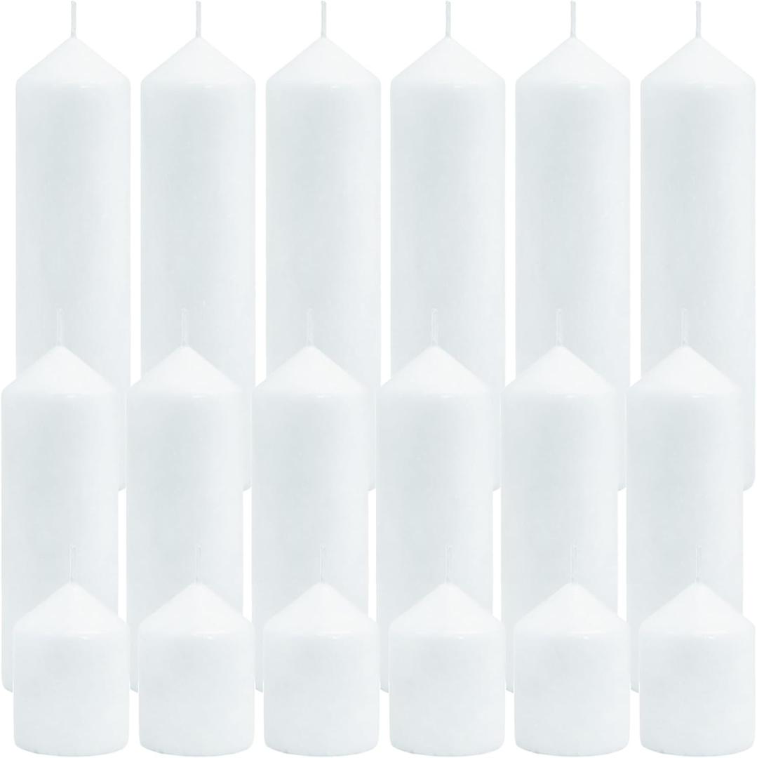Pillar Candles Bulk Set - Unscented, Smokeless, Dripless | 3 Sizes: 2x3, 2x6, 2x8 Inches | Ideal for Weddings, Christmas & Home Decor (18, White)