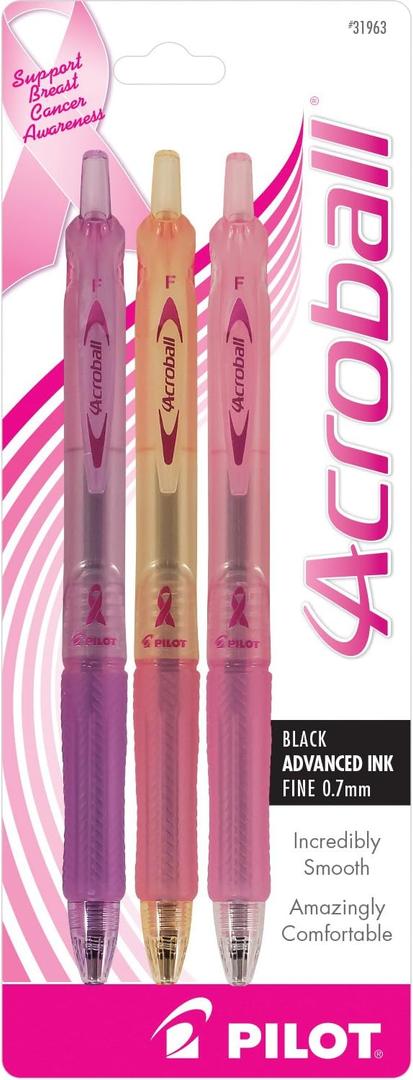 Pilot Acroball for a Cure Breast Cancer Awareness Advanced Ink Retractable Ball Point Pens, Fine Pt., Black Ink, Assorted Color Barrels, 3-Pack (31963) Smooth Writing, Smear-Resistant Advanced Ink