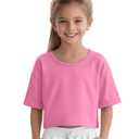 LessonZoo Girls' Crop Tops Oversized Summer Short Sleeve Crew Neck Shirts Drop Shoulder Rolled Cuffs Kids Cute Trendy Tee(Peach Pink,7-8 Years)