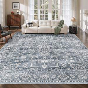 Soalmost 8x10 Washable Area Rugs for Living Room, Vintage Floral Stain Resistant Non-Slip Low Pile Neutral Rug Soft Throw Large Carpet for Dining Room Bedroom Home Office (Blue, 8'x10')