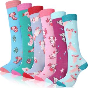 Fourluoo 6 Pairs Kids Girls Socks Cute Axolotl Mermaid Crew Socks Cotton Funny Novelty Dress Set Gifts for Kids Boys and Girl