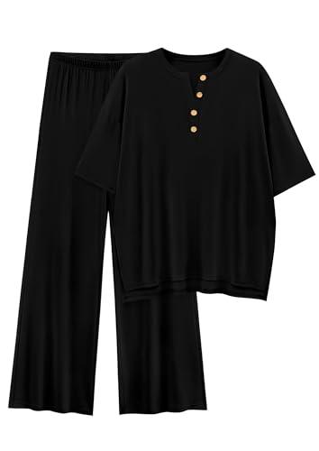 PRETTYGARDEN 2 Piece Lounge Sets for Women Summer 2025 Short Sleeve Tops Wide Leg Pants Matching Travel Outfits Clothing (Black,X-Small)
