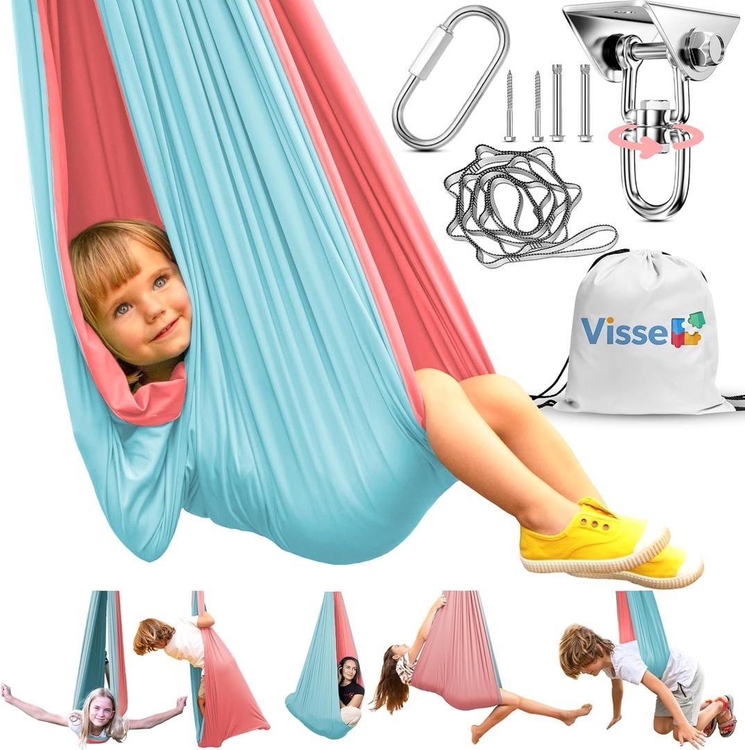 Sensory Swing for Kids Indoor - Calming Cocoon Therapy Swing 360 Hardware - Holds 300lbs - Indoor Outdoor Sensory Hammock - Autism ADHD SPD Trusted Sensory Support (Pink/Blue)