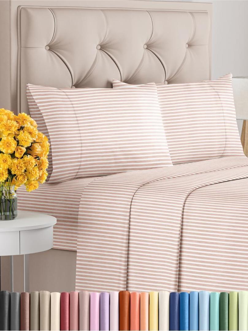 Full Size 4 Piece Sheet Set - Extra Soft, Breathable & Cooling - Hotel Luxury Durable Bed Sheets for Women & Men - Deep Pockets, Easy-Fit & Wrinkle-Free - Blush Stripes Oeko-Tex