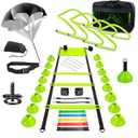 Haootadiy Agility Training Equipment, Football Training Equipment Includes 20FT Agility Ladder, 4 Adjustable Agility Hurdles, 16 Football Cones, Parachute, for Training Soccer Athletes（Green）