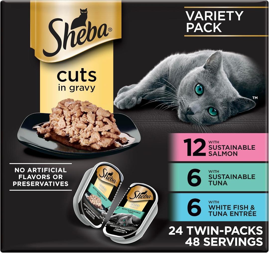 Sheba Perfect Portions Wet Cat Food Cuts in Gravy, Cat Food Wet Recipe, Sustainable Salmon, Tuna, White Fish and Tuna Entree, 2.6 oz. Twin-Pack Trays (24 Count, 48 Servings)