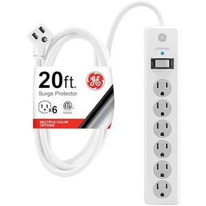 GE Surge Protector Power Strip, 20 Ft Extension Cord, 6 Outlet Extender, 800 Joules, Flat Plug, Twist-to-Close Safety Covers, ETL Listed, White, 50770