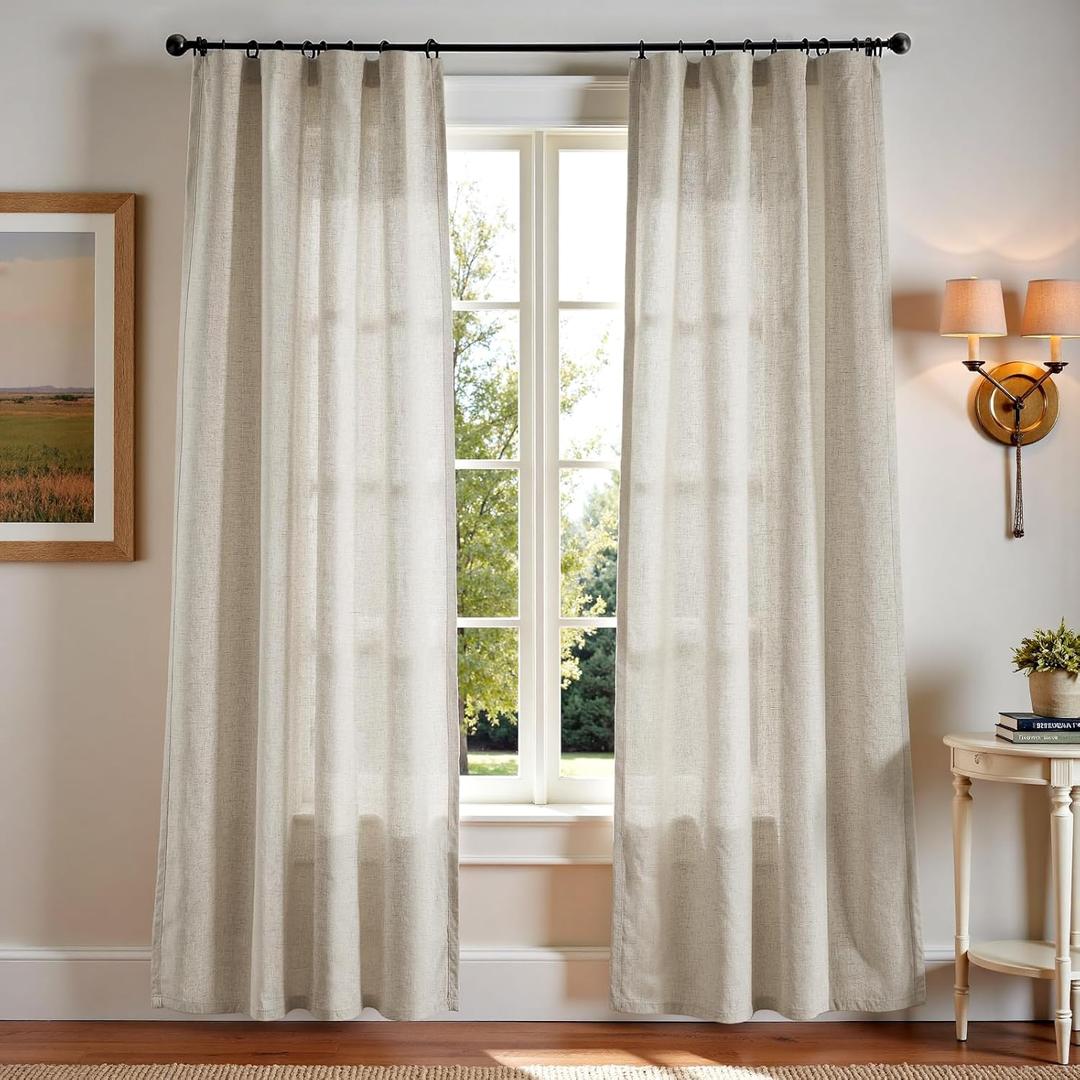 jinchan Linen Blend Curtains 84 inch Length 2 Panels for Bedroom Living Room, Light Filtering 50 inch Wide Farmhouse Drapes with Rod Pocket Back Tab(50W x 84L, Oat)