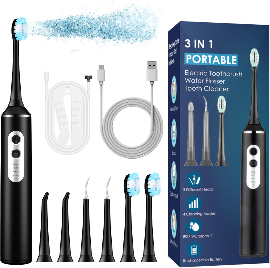 Electric Toothbrush with Water Flosser Combo, 3 in 1 Ultrasonic Toothbrush & Dental Oral Irrigator & Tooth Cleaner with 4 Modes, One Switch from Sonic Brushing to Water Flossing for Home Travel