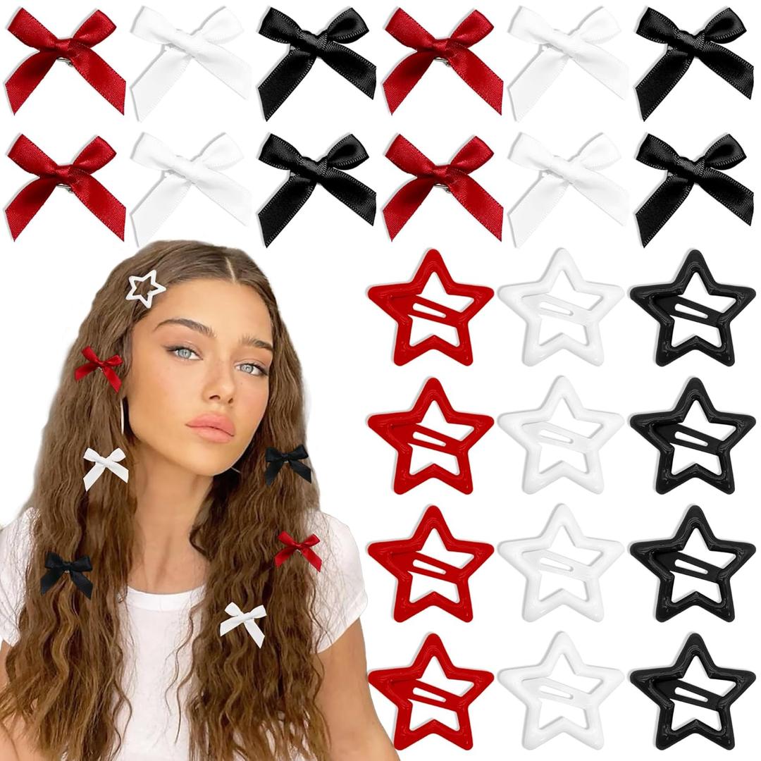 24PCS Bow Hair Clips 3 Colors Red Star Hair Clips Black Satin Mini Hair Bows White Star Barrettes Bowknot Snap Metal Y2K Hair Accessories for Women Girls