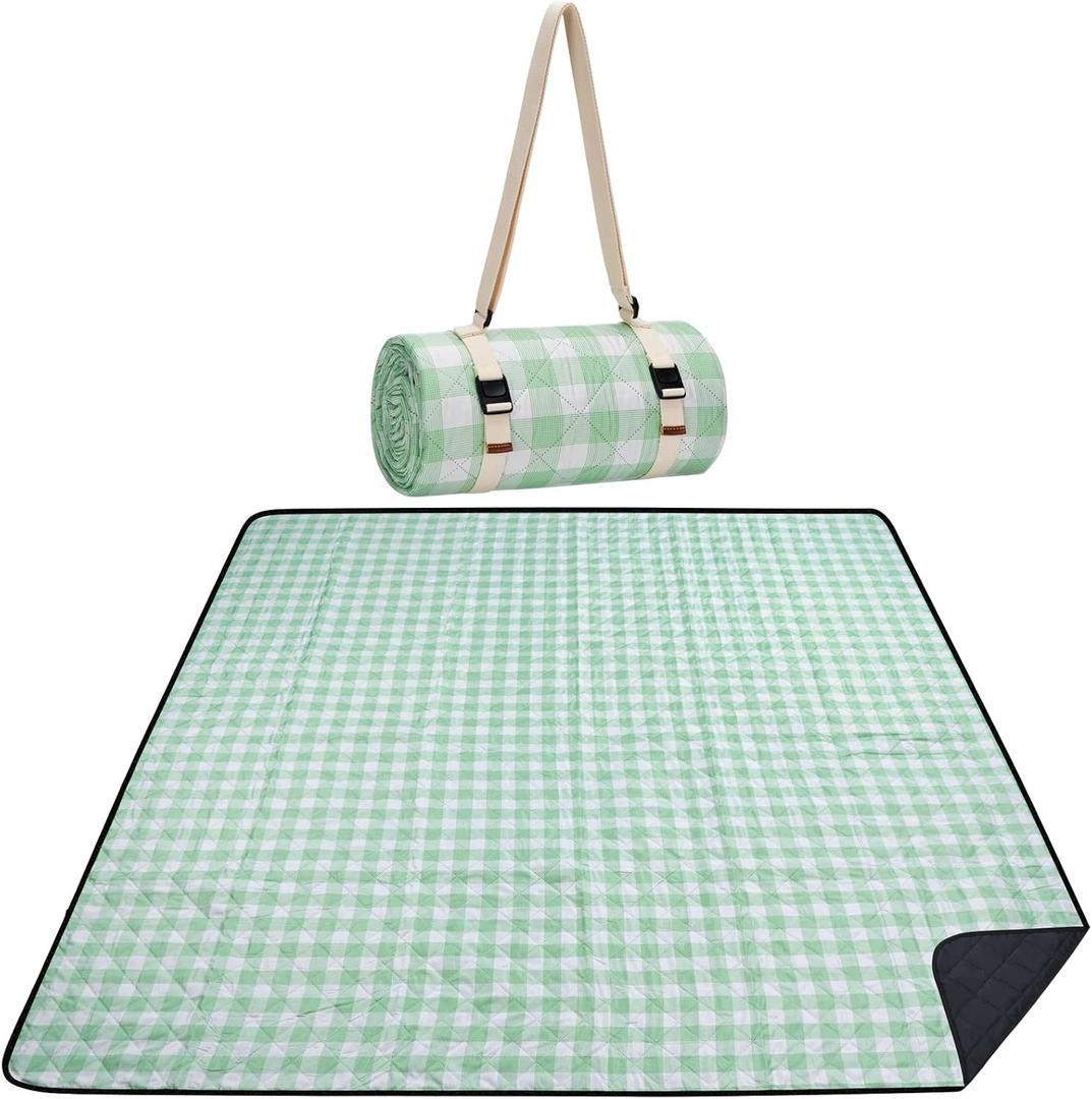 WILLOW WEAVE Picnic Blanket, 80''x80'' Waterproof Outdoor Blankets, Picnic Mat Washable for Beach, Picnic Blankets for Camping on Grass with Shoulder Strap - Green & White