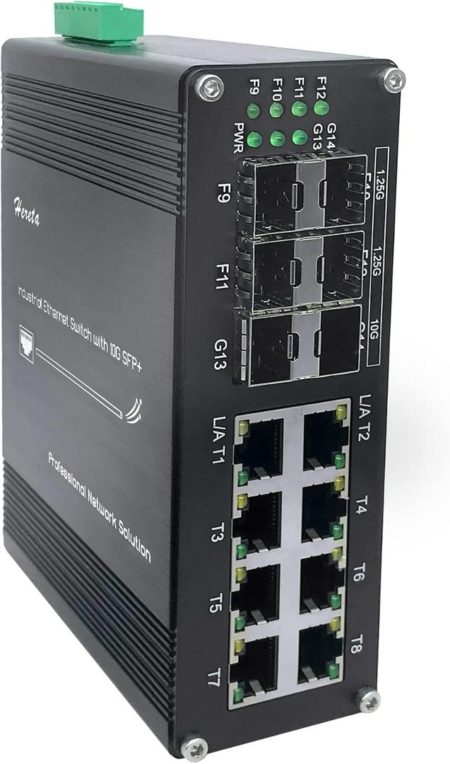 14-Port Industrial Gigabit Ethernet Switch Support 8 Ports 10/100/1000T Auto MDI/MDIX + 4 Ports 1000Base-X SFP + 2 Ports 10G Base-SR/LR SFP+ Network Switch