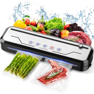 KOIOS Vacuum Sealer Machine with Starter Kit, One-Touch Operation | Built-in Cutter | Dry & Moist Modes | Compact Design | Vacuum Sealer for Food Preservation, Freezer Storage & Meal Prep (Silver)
