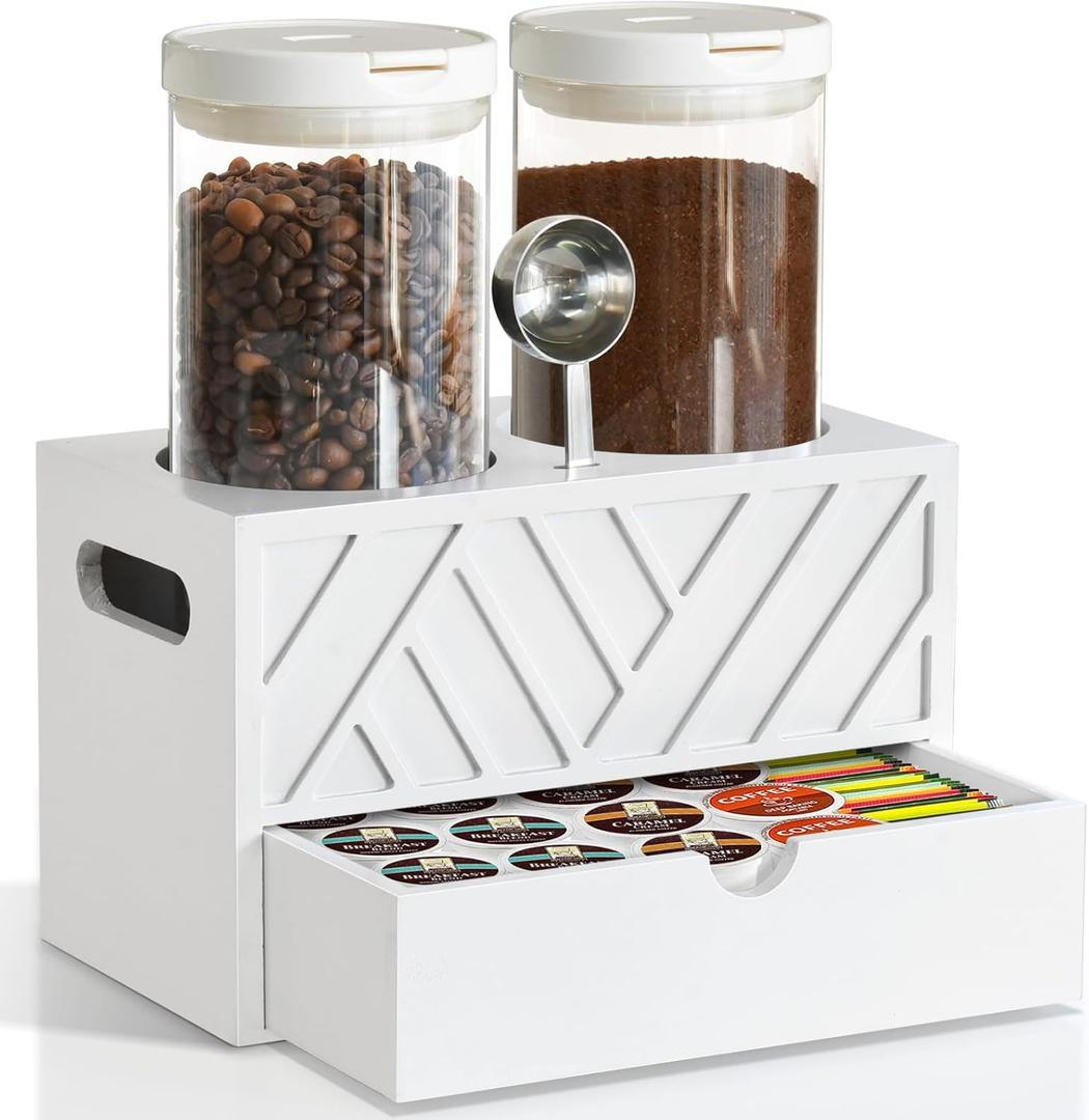 Coffee Canister For Coffee Bean Storage, Grounds Container With 2 Glass Jars With Airtight Lids And Scoop, Sugar Organizer For Bar With Drawer, Food And Nuts Flour Tea Grains 