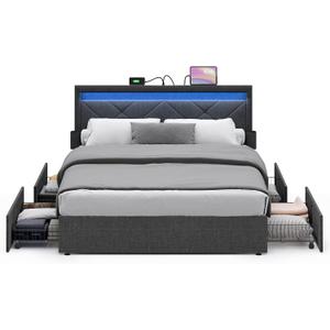 VASAGLE LED Bed Frame Queen Size, Queen Bed with Headboard and 4 Drawers, 1 USB Port and 1 Type C Port, Adjustable Upholstered Headboard 36.7/39.3 Inches, No Box Spring Needed, Dark Gray URMB821G71