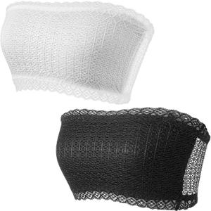 Nogeqi 2 Pcs Lace Tube Top Bra, Strapless Lace Bandeau, Stretch Strapless Bralette for Women, Cleavage Cover Up for Low Neckline, Modesty Panel Cleavage Cover for Women A or B Cup (White, Black)