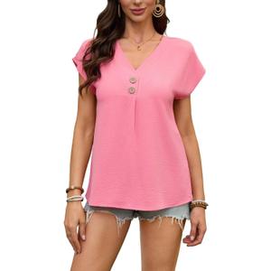 Women's Dressy Casual Shirt Sleeveless V-Neck Button Down Work Tops Business Casual Summer Tops (Pink, L)