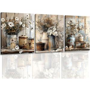 3Pcs Framed Rustic Daisy Vase Canvas Wall Art Vintage Farmhouse Floral Picture Print Poster for Bedroom Office Estate Gallery 16x24 Inch Ready to Hang