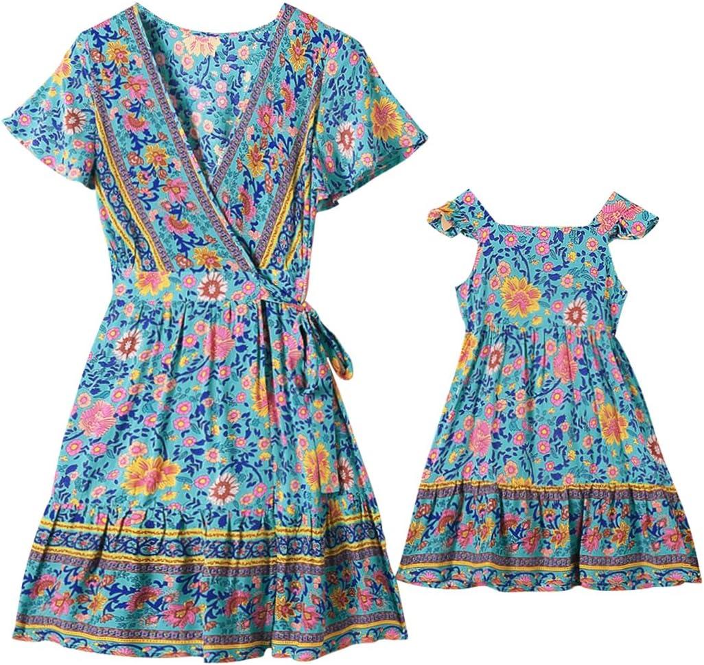 PopReal Mommy and Me Dresses Boho Casual Maxi Dress Summer Short Dress V Neck Wrap Floral Print Short Sleeve, Size: 3T