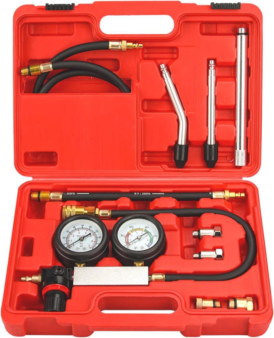 Handor Compression Leakdown Detector Leakage Test Set Cylinder Leak Down Tester Kit Dual Gauge Leakdown Detector Tool Set for Pressure Check & Leakage Rate Test Gasoline Engine (Red)