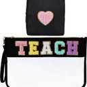 2Pcs Chenille Letter Bags, Clear Makeup Bag Cosmetic Pouch with Zipper, Multi-purpose Nylon Travel Toiletry Storage Bag for Women Girls (Black-Teach)