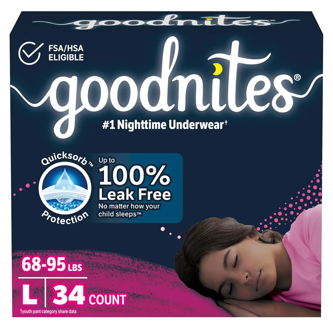 Goodnites Girls' Nighttime Bedwetting Underwear, Size Large (68-95 lbs), 34 Ct (2 Packs of 17)
