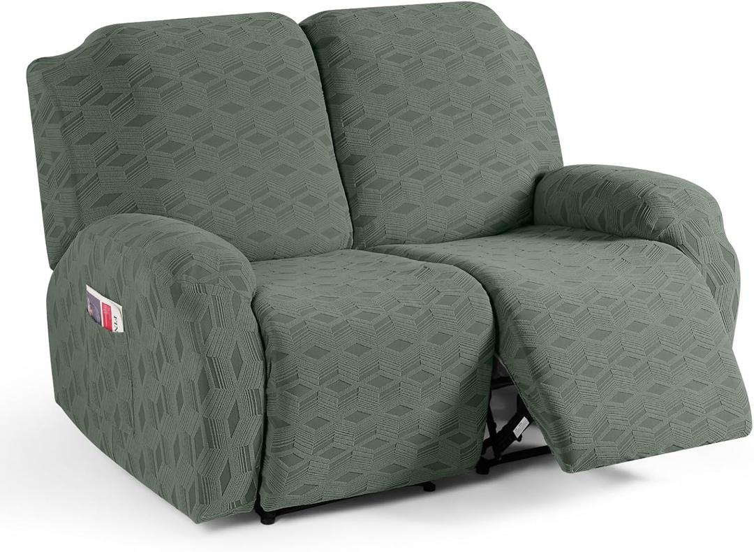 TAOCOCO Recliner Loveseat Cover Oversized, Stretch Jacquard Reclining Loveseat Cover for 2 Seat Extra Large Sofas Recliner Covers with Elastic Bottom for Kids, Pets (Bean Green)