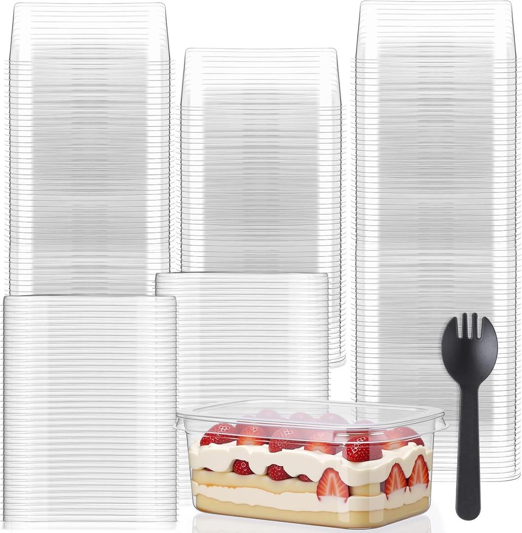 Tanlade 100 Pack 9oz Clear Dessert Cups with Lids and Sporks Rectangle Plastic Cups Disposable Parfait for Banana Pudding Appetizer Mousse Fruit Cupcakes Yogurt Oatmeal Serving