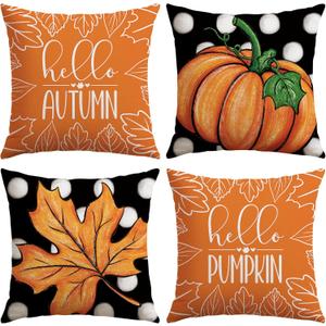 Artscope Fall Decorative Throw Pillow Covers 20x20 Inch Set of 4 Fall Gifts for Home Decor, Autumn Pumpkin Maple Leaves Harvest Decoration Pillow Cases for Home Sofa Couch Decor-Orange D