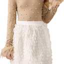 WDIRARA Girl's Faux Fur 2 Piece Sets Pearls Long Sleeve T Shirts Fringe Skirts Cute Outfits (Beige)