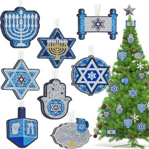 Yalikop 24 Pieces Hanukkah Ornaments for Tree, White Blue Happy Hanukkah Ornaments, Chanukah Christmas Tree Menorah Star of David Wood for Holiday Decoration Jewish Christmas Party Gifts