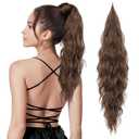 Flufymooz Ponytail Extension, Flexible Wrap Around Ponytail Extension Long Wavy Curly Hair Extensions Natural Synthetic Hairpiece for Women 32 Inch (Chocolate Reddish Brown)